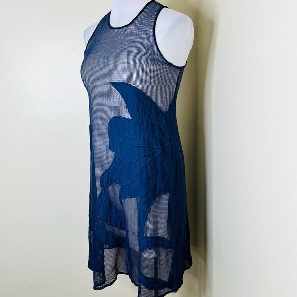 Anthropologie Hutch Swing Tank Dress XXS Navy Blue Fishnet Mesh Embroidered Mini - Picture 3 of 7